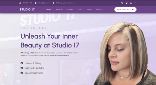 Affordable web design for small businesses—Studio 17 Salon's elegant website showcasing expert stylists, premium care, and luxurious services.