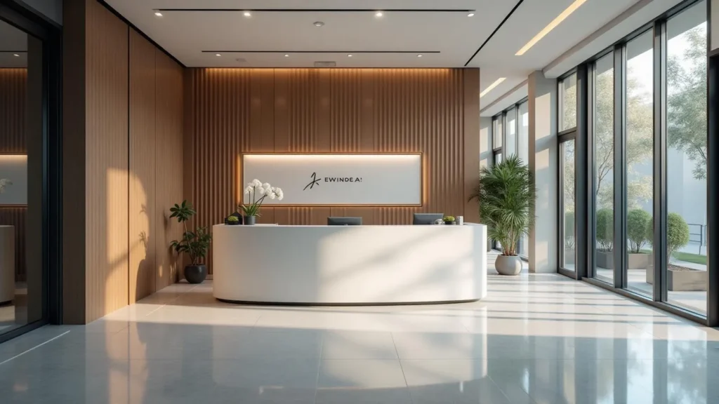 Reception area with curved desk, monitors, orchid plant, and KWINDIA AI signage in a bright, modern office setting