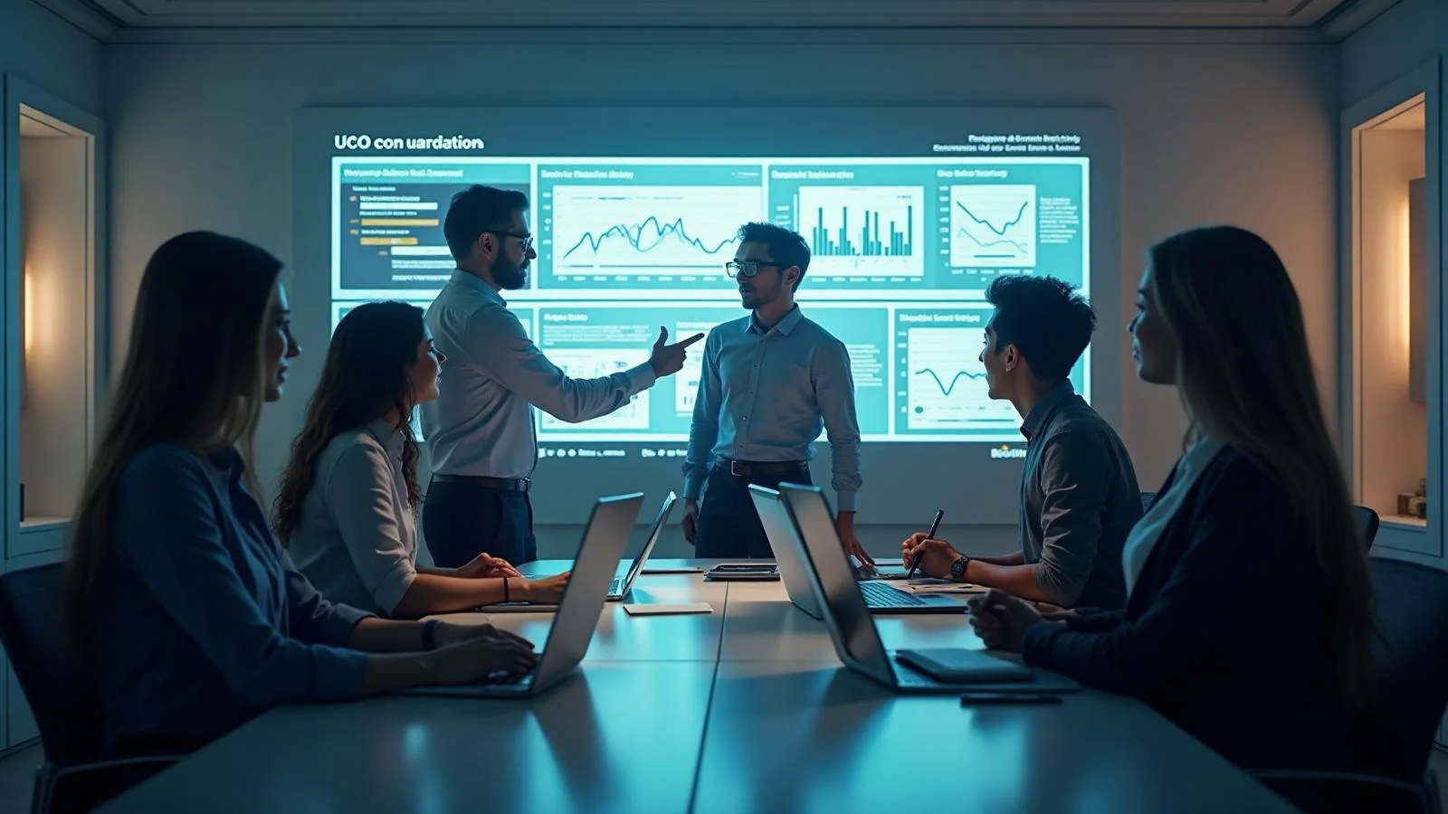 Team of professionals in a conference room reviewing charts and graphs related to the digital marketing process for small businesses.
