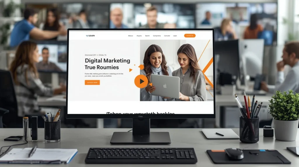 Office monitor showing digital marketing website for small businesses with call-to-action and team workspace.