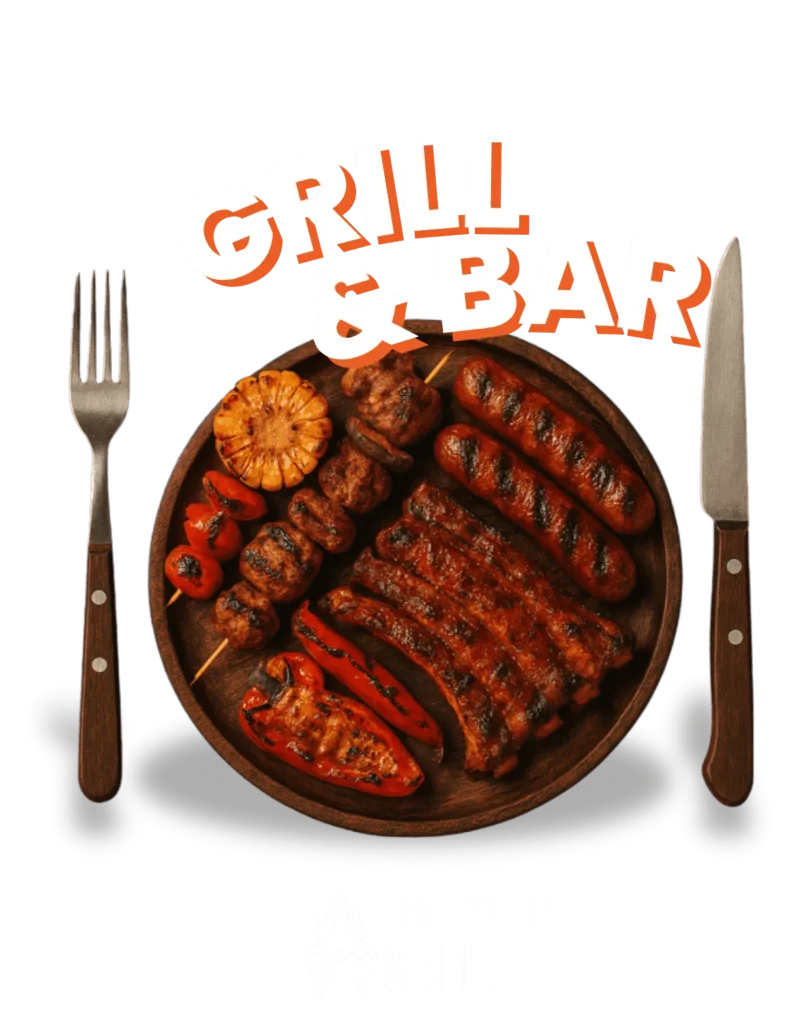 Den Gyldne Grill promotional logo with grilled food plate