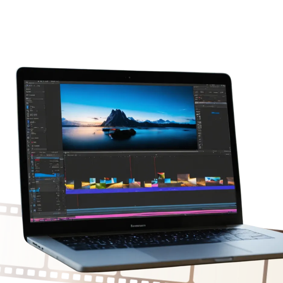 Video editing workspace on Simple Sites: laptop previewing mountain footage with multi‑track timeline and editing panels.
