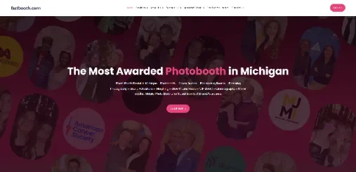 Collage of event photos on FastBooth homepage with headline The Most Awarded Photobooth in Michigan, awards and trust badges, and a Learn More call to action.