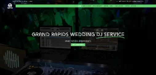 Grand Rapids wedding DJ service homepage with green lighting and dancing crowd