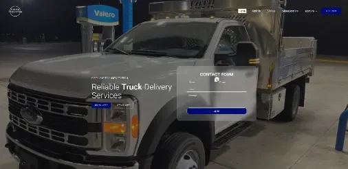 Grey Cap Transportation truck at a Valero station at night on the delivery services homepage with a contact form.