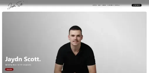 Portrait of Jaydn Scott on homepage with branding text Tailoring Media for All Occasions and a Contact Me call to action.