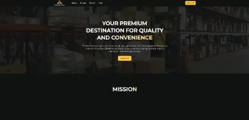 E‑commerce homepage hero showing a warehouse interior with stacked boxes, headline Your Premium Destination for Quality and Convenience, and a Learn More button.