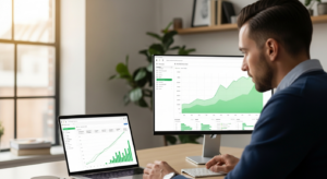 Small business owner reviewing SEO analytics growth charts on a laptop to plan a marketing budget